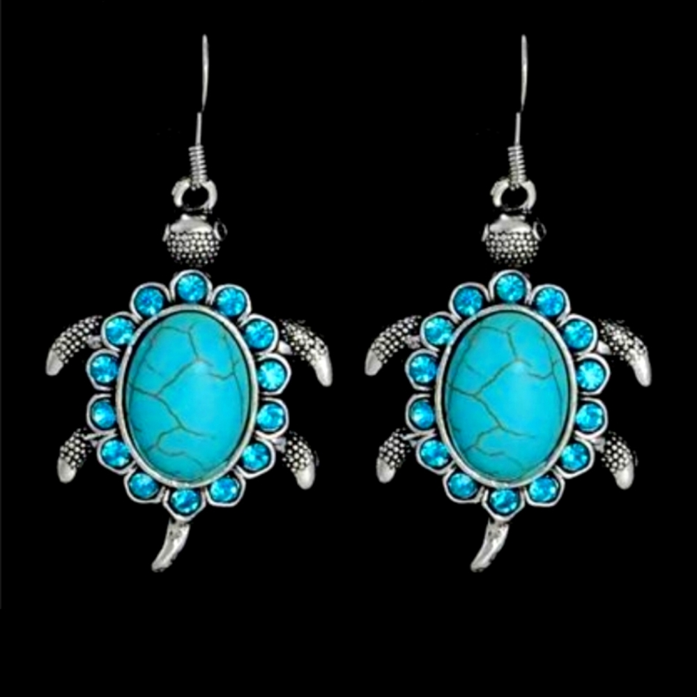 Pretty turquoise color crystal turtle drop Earrings.  Matching ring available